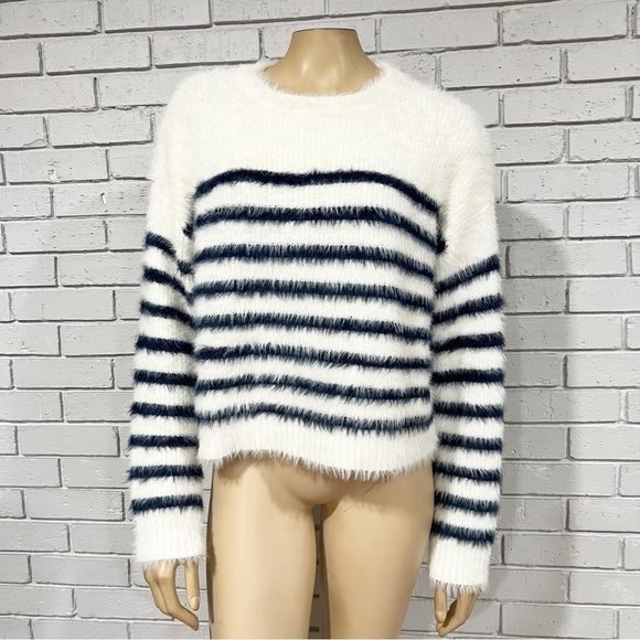 La Ligne x Target Women's Cream/Navy Fuzzy Yarn Striped Crewneck Sweater - Picture 1 of 9